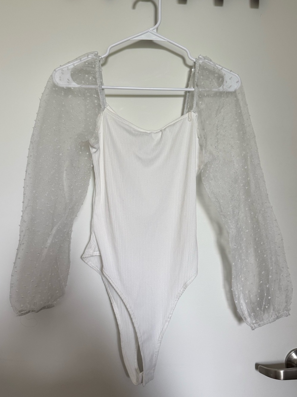 Altar'd State White Ribbed Bodysuit with Sheer Dotted Puff Sleeves